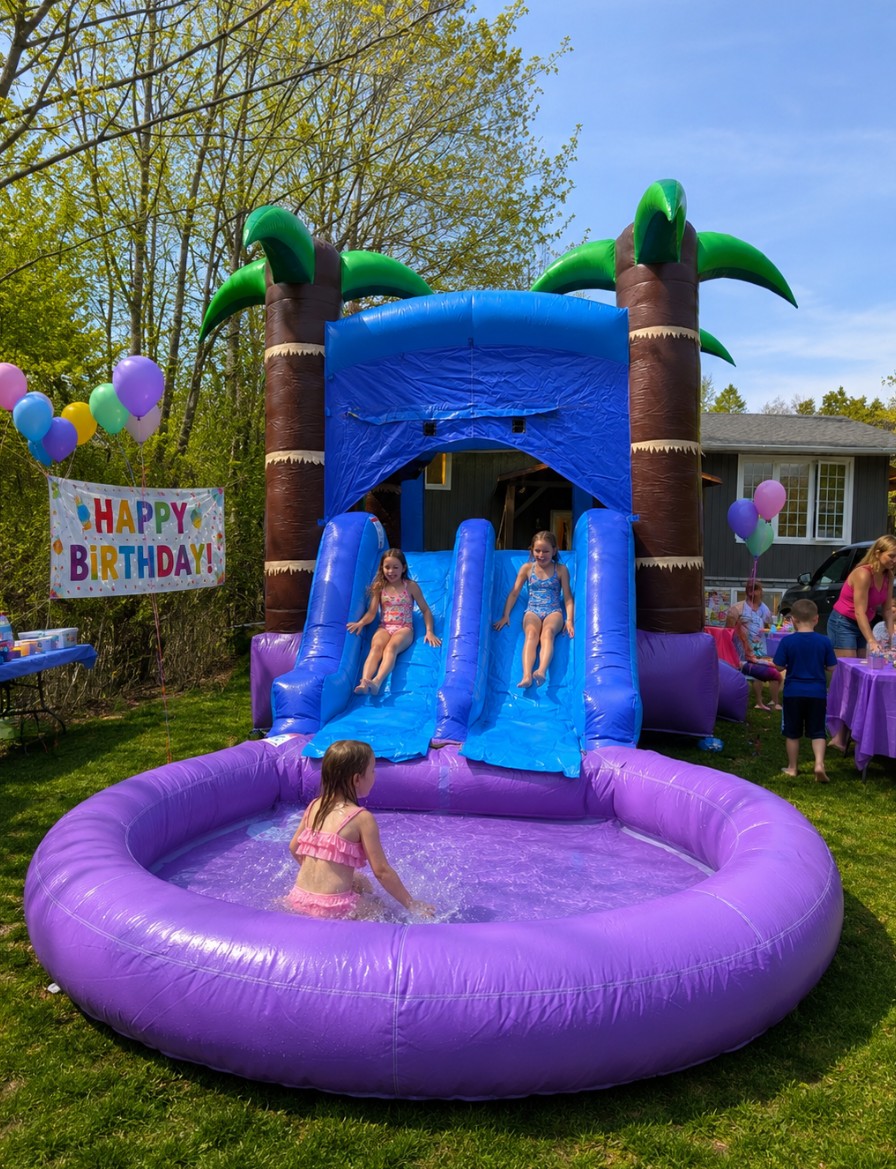 Tropical bouncer with slides set up in a backyard